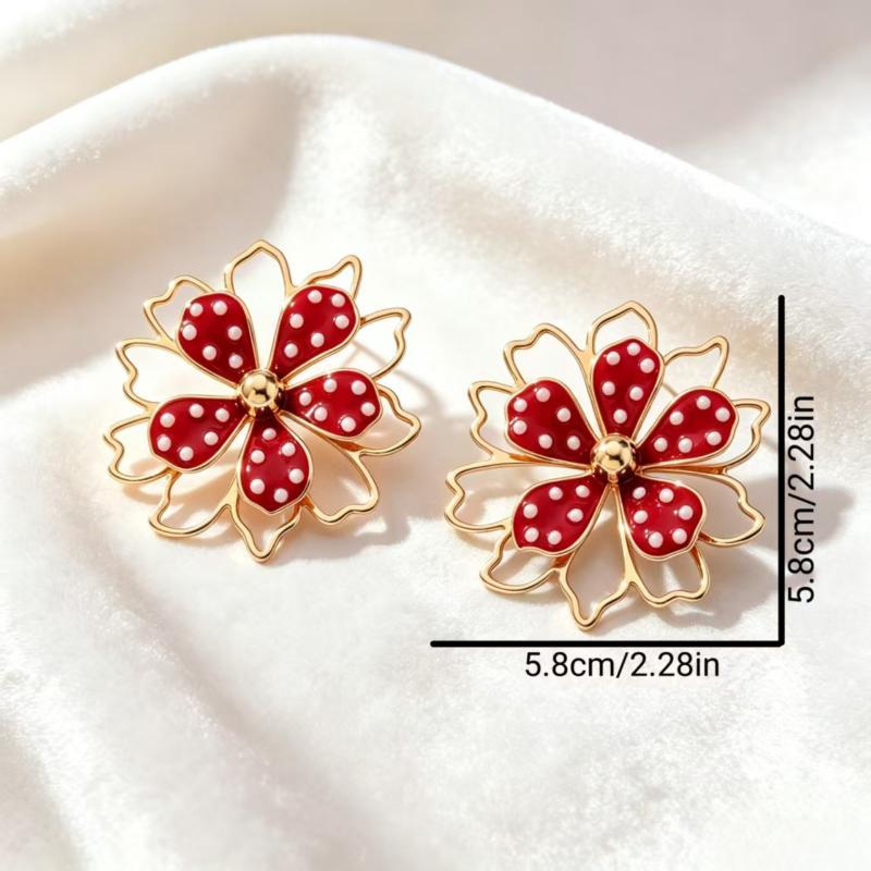 Elegant Gold Plated Floral Earrings Black Enamel White Dot Design Dainty Jewelry for Dinner Date Wear
