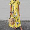 Women Elegant Dress Flower Leaf Print Short Sleeve Loose Leisure Dress for Outdoor