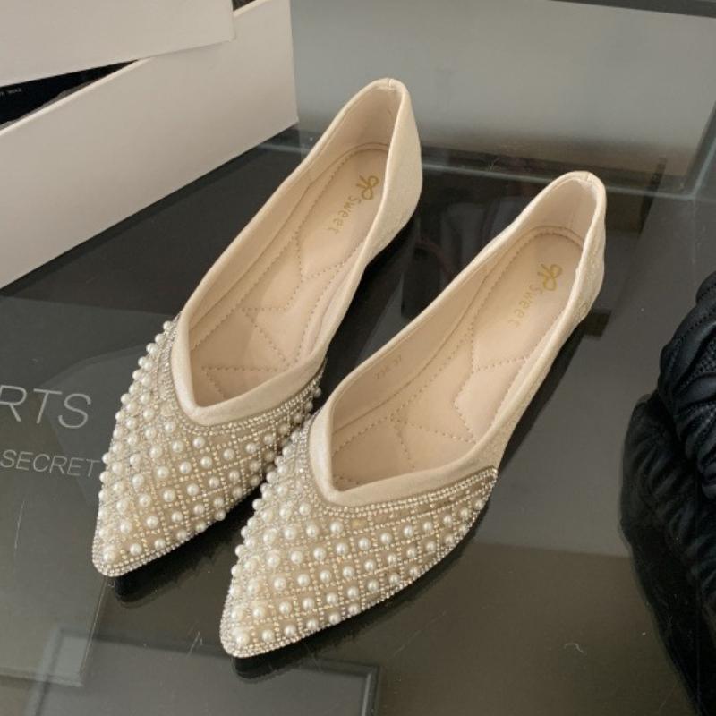 Luxury Rhinestone String Bead Decoration Low Heel Pumps Women Fashion Pointed Toe Shallow Designer Shoes Comfort Soft-sole Flats