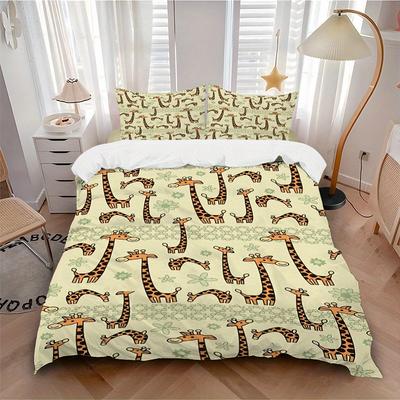 3pcs Animal-themed Giraffe Pattern Soft and Comfortable Breathability, Bedding Set, Machine Washable, Suitable for All Seasons155
