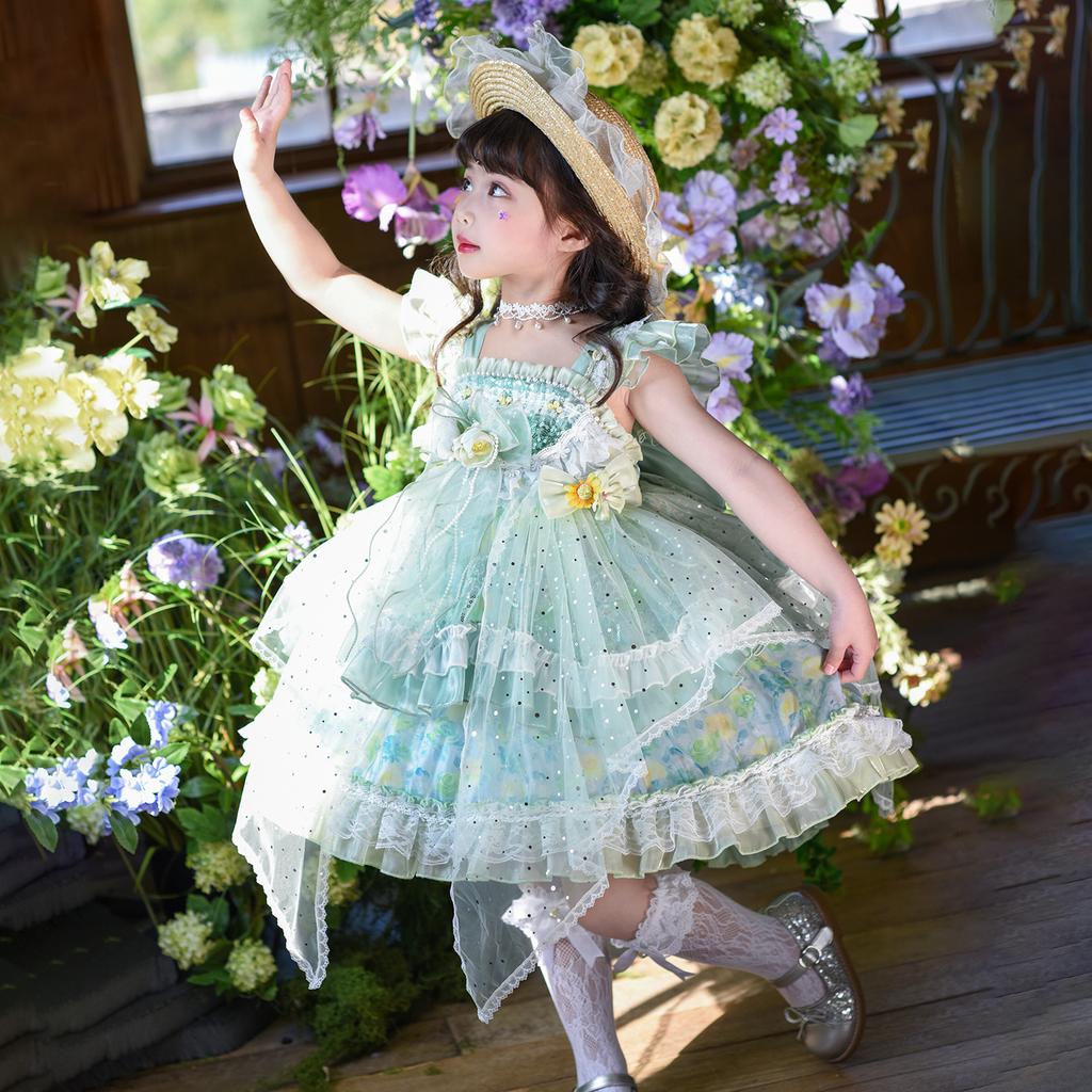 Girl Lolita Princess Dress Summer 2026 New Green Flower Puff Dress Super Fairy Fantasy Children's Dress