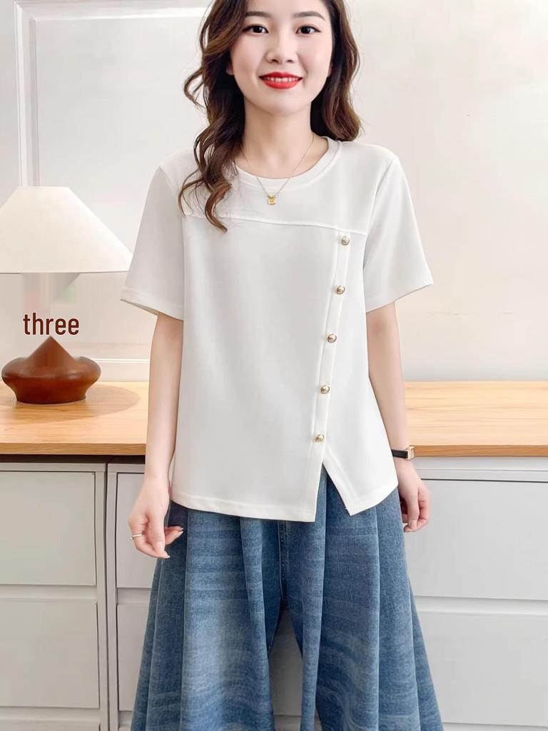 Plus Size Women's Patchwork Short Sleeve Tee with Studded Buttons - 2026 New Style Fashion Top
