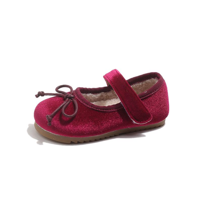 

Autumn/Winter Girls Bow Cotton Baby Flats, Versatile Velvet Low-Cut Princess Shoes Size 24 - 15cm рожевий/фіолетовий
