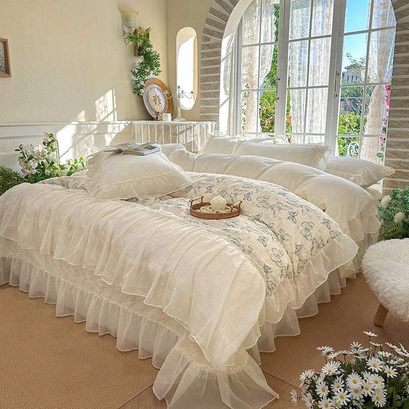 French Princess Wind Milk Fleece 4Pcs Set Winter Thickened Coral Fleece Cut Flower Bed Cover Quilt Cover 4