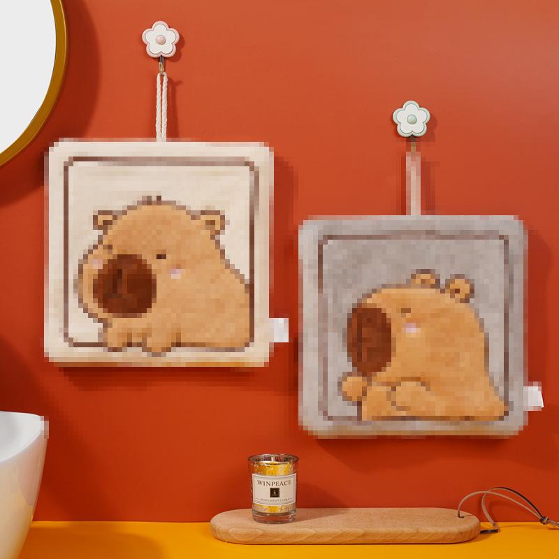 Kapibara Cute Cartoon Hanging Hand Towel Coral Fleece Thickened Hand Towel Kitchen Bathroom Absorbent Handkerchief