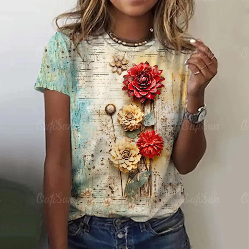 Summer Women's Rose Y2K Pattern Short Sleeve Summer Crew Retro T-shirt