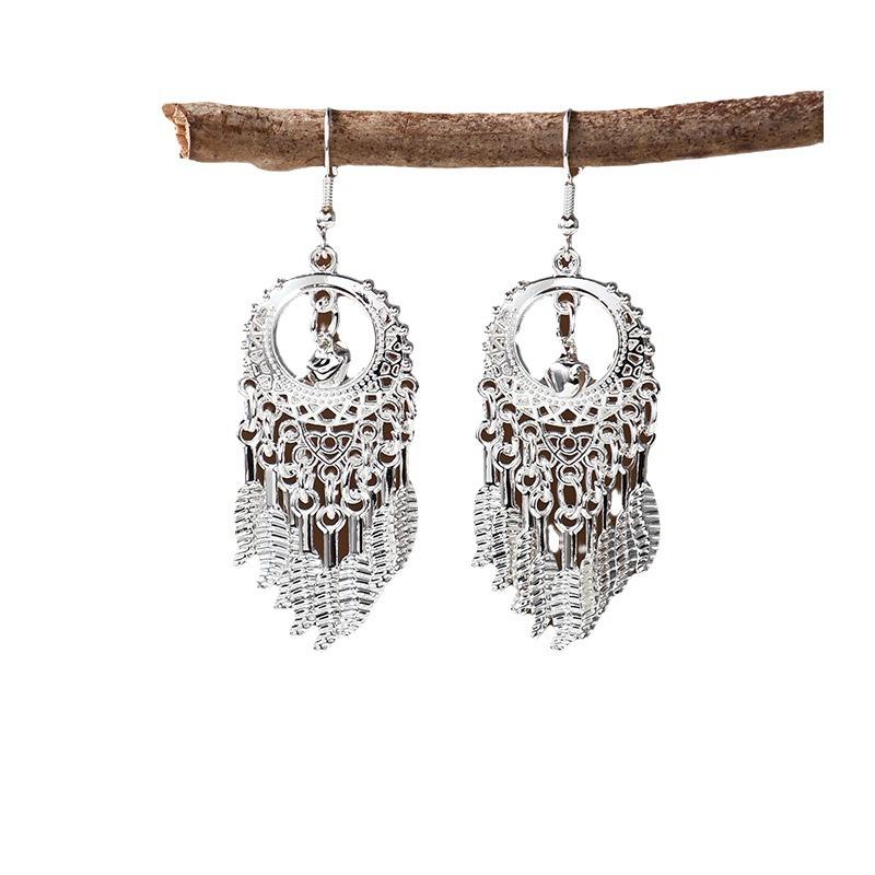Ethnic Miao Silver Tassel Earrings - Retro Long Dangle Scenic Studs for Women