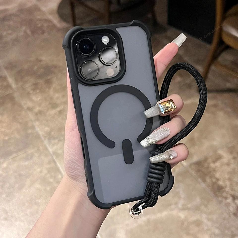 Phone Case For iPhone 16E 15 14 16 Plus 11 12 13 16 Pro Max Magnetic Wrist Strap Magsafe Lanyard Protector Shockproof Cover