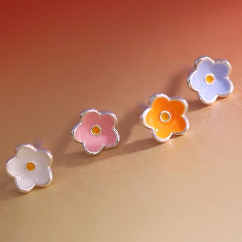 Silver Zircon Enamel Flower Mini Plant Stud Earrings For Women Party Classic Fine Jewelry Light Accessories