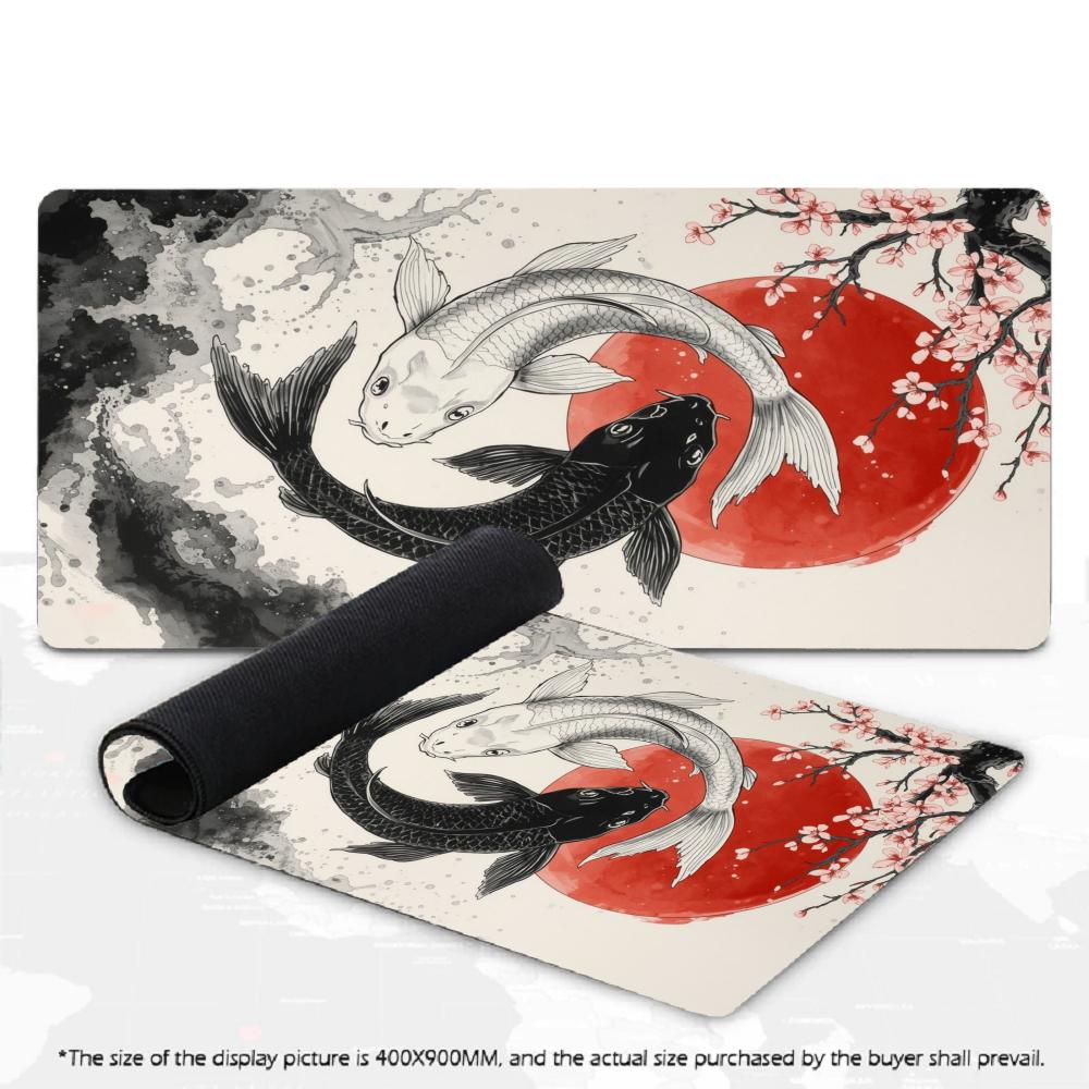 Japanese Yin Yang Koi Fish XXL Large Mouse Pad Ink Wash Cherry Blossom Desk Mat Non-Slip Rubber for Gaming Office Home Desktop