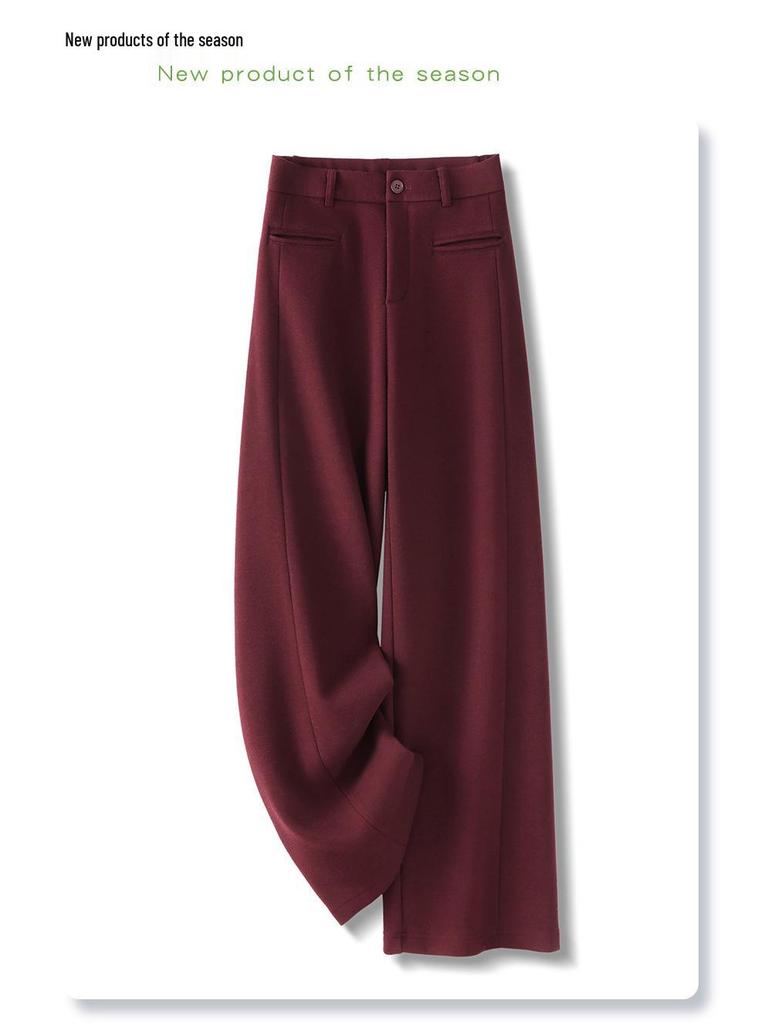 Ancola Women's Red Wool Pants: 2024 Autumn/Winter Plus Velvet Straight-Leg Wide-Leg Style