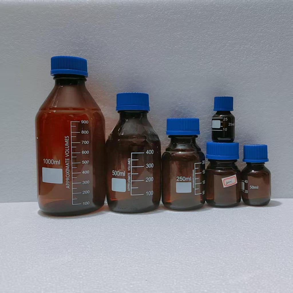 Blue Cap GL45 Threaded Glass Reagent Bottle - Transparent, Brown, Round with Scale, Sealed Sampling Lab Bottle