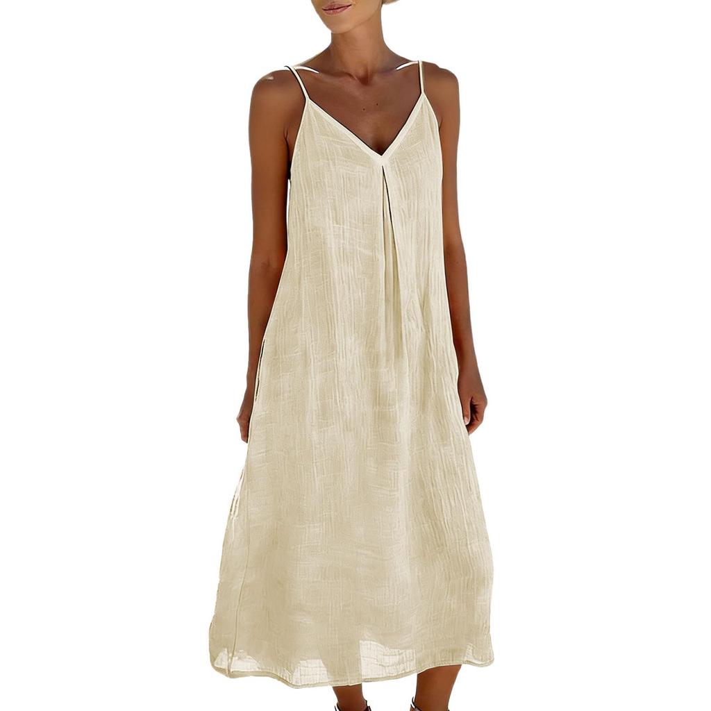 Women's Summer Fashion Strap Skirt Loose Fold V-neck Bohemian Vacation Beach Cotton Hemp Dress