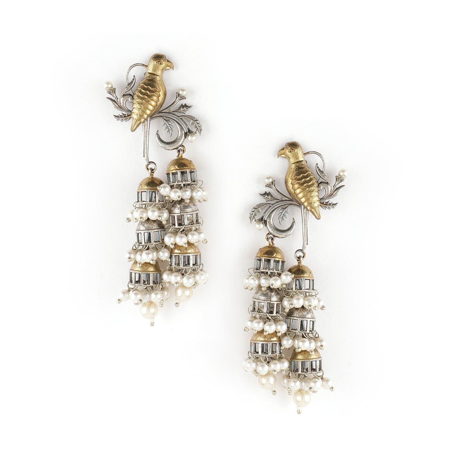 Latest Oxidized Rhodium Plated White Pearl & Birds Design Handcrafted Trendy Multi Jhumka Earrings for Women
