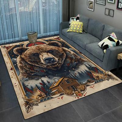 Flannel Printed Bear Lodge Rug Rustic Wildlife Design Living Room Carpet Soft Fleece Floor Mat Country Home Decor Unique Area