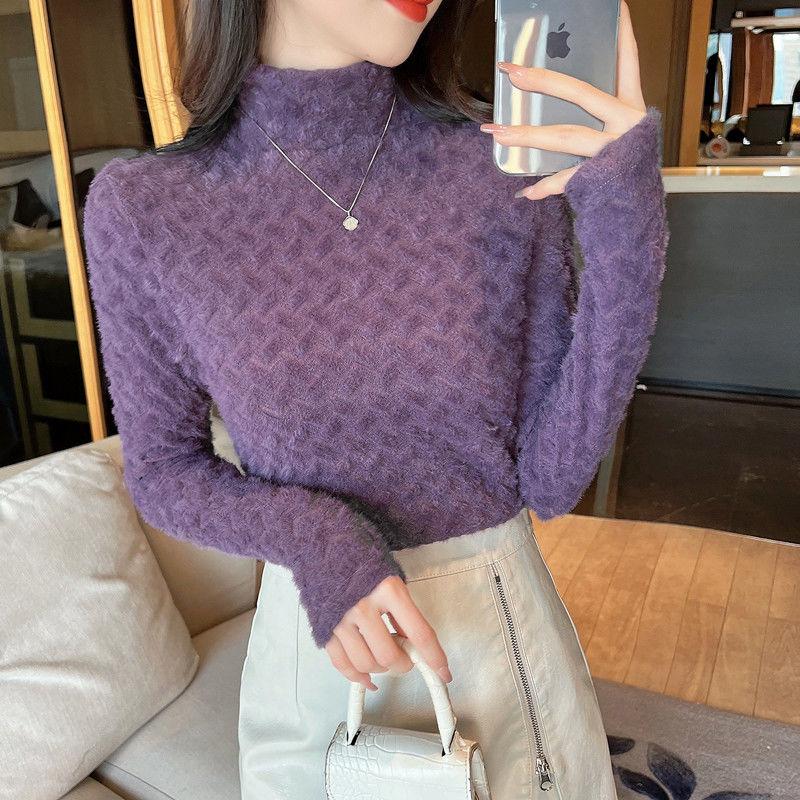 Autumn Winter Velvet New Versatile Semi High Neck Women's Clothing Slim Fit Long Sleeved Western-style Lace Wool Bottoming Shirt