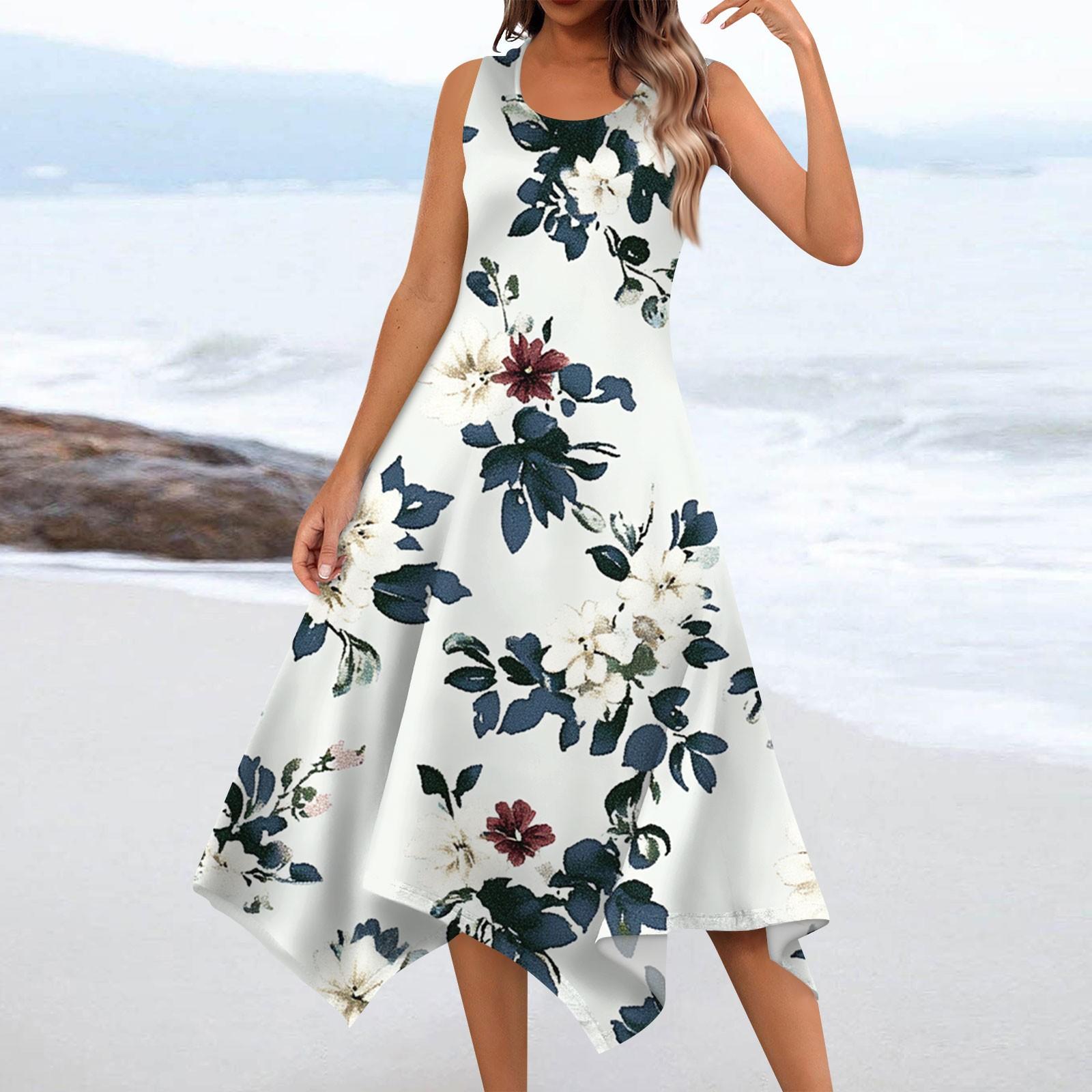 Женское повседневное модное платье миди без рукавов с круглым вырезом и цветочным принтом, нерегулярный подол S тёмно-синий
