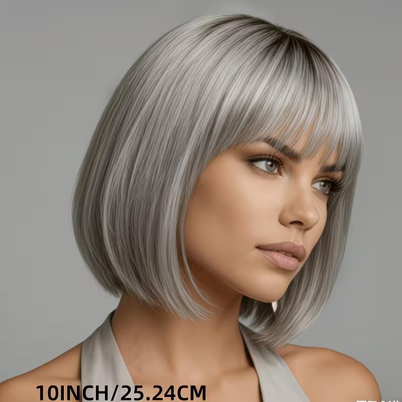 Women Synthetic Wave Wigs Short Silver Gray Wig For Cosplay Party Daily Fake Hair With Bangs Heat Resistant Fibre