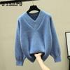 V-neck Mink Sweater Thickened Knitted Jumper Female Korean Style Pullover Loose Casual Sweater Winter Warm Outwear Bottming Tops