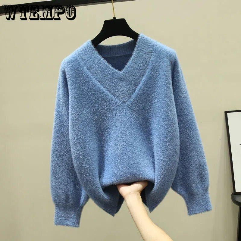 V-neck Mink Sweater Thickened Knitted Jumper Female Korean Style Pullover Loose Casual Sweater Winter Warm Outwear Bottming Tops