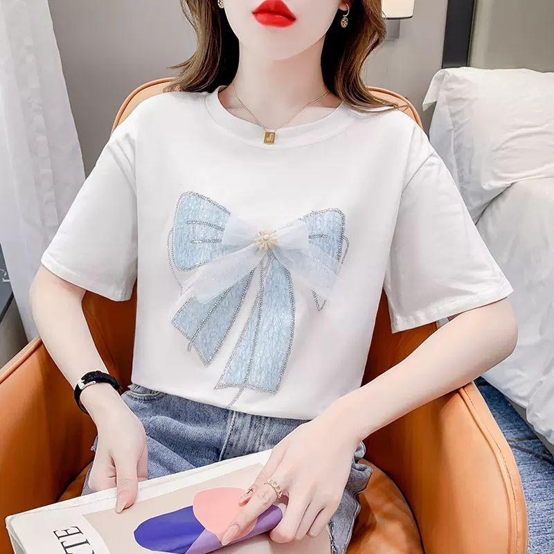 Hot Stamping Butterfly Knot Pure Cotton Short Sleeved T-shirt for Women's Summer New Loose Niche Top