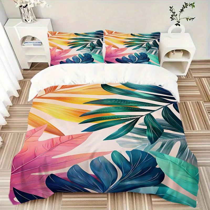 3Pcs Tropical Leaves Printed Bedding Set, Breathable And Soft,(Includes 1 Duvet Cover And 2 Pillowcases, Quilt Not Included) Yy250815177