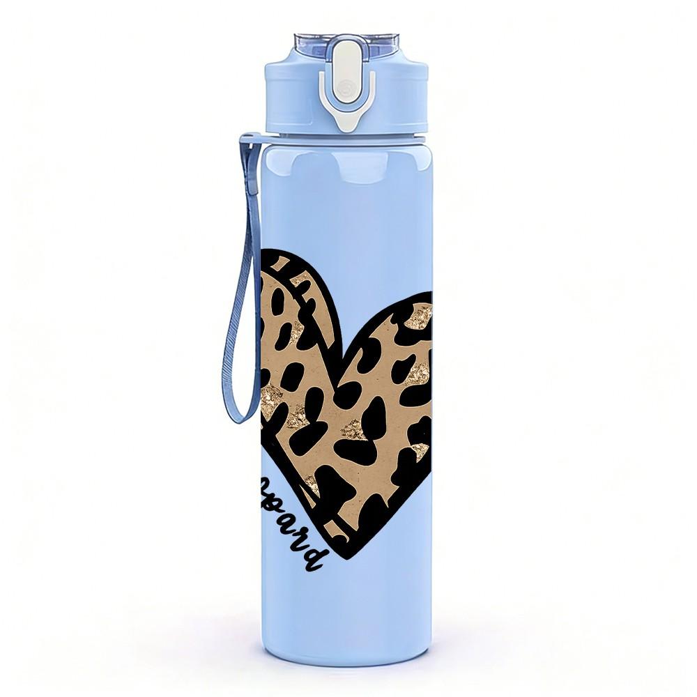 1PC Leopard Heart Pattern Print 750ml Color Plastic Sports Water Bottle Leakproof Flip Straw Lid Suitable for Sports Office Home Use