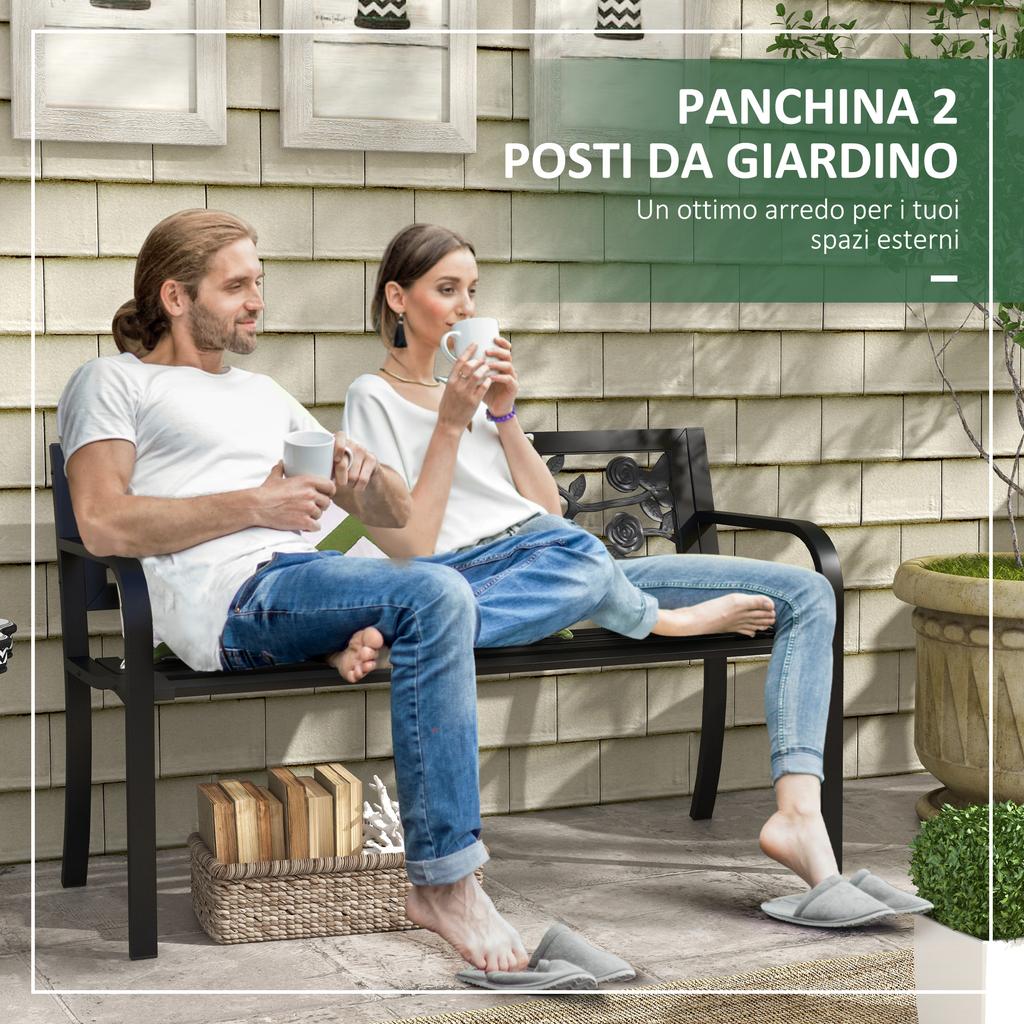 2-Seater Garden Bench in Steel with Decorated Backrest and Armrests, 127x50x75cm, Black