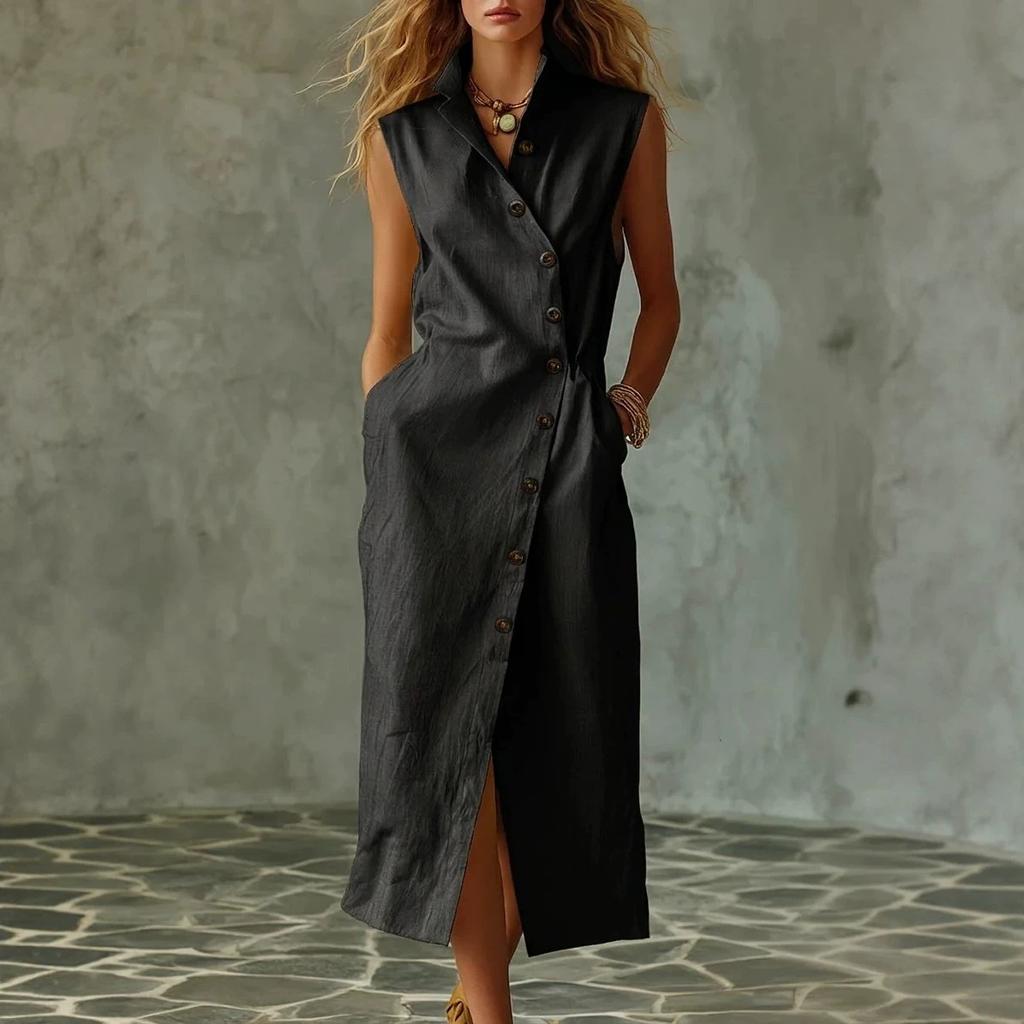 European and American solid color sleeveless dress women's summer lapel breasted breathable waist temperament dress