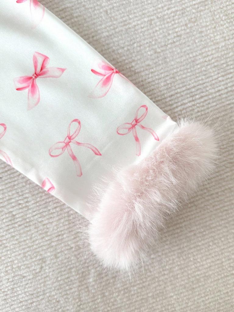 Girls' Pink And White Satin Pajama Set, Cute Pink Bow Print Open Front Collar Long Sleeve Top & Pants Winter Nighties With Fuzzy Cuff, 8Y-12Y Fall