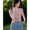 Demana Retro French Style Color-Block Square Neck Knit Top