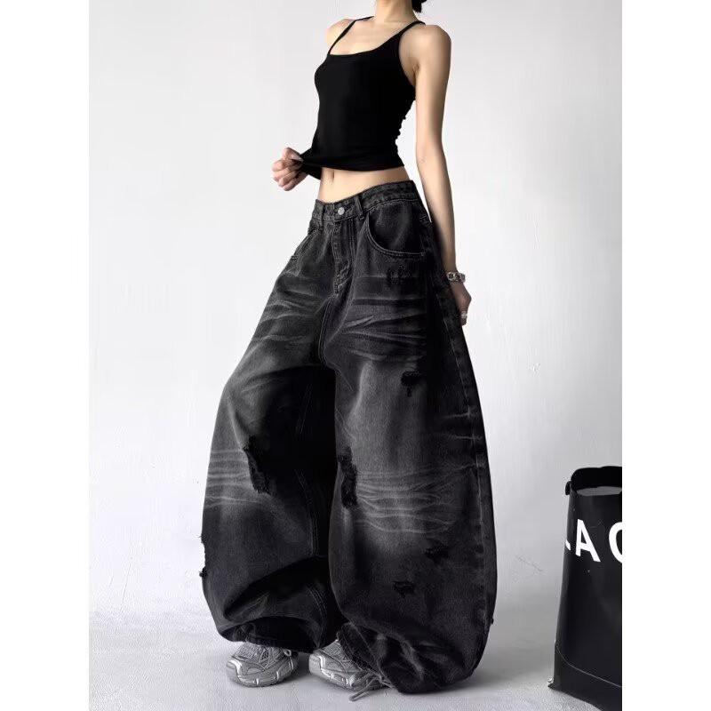 High-Waisted Wide Leg Distressed Denim Pants Women - Loose Fit Streetwear Jeans 2026