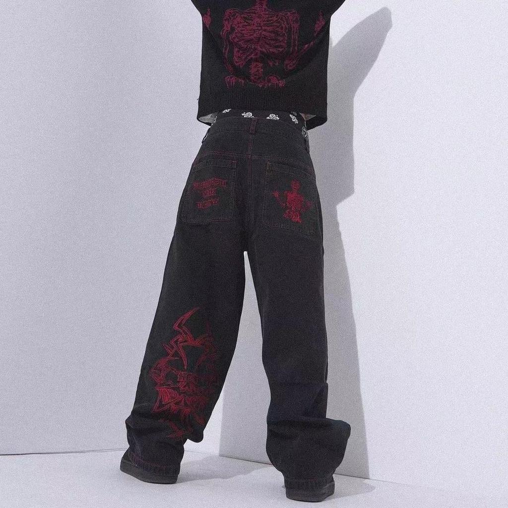 Y2K Jeans Uomo Hip Hop Retro Ricamo Teschio Lavato Pantaloni Larghi in Denim Nuovo Dritto Casual Allentato Gamba Larga Pantaloni Streetwear