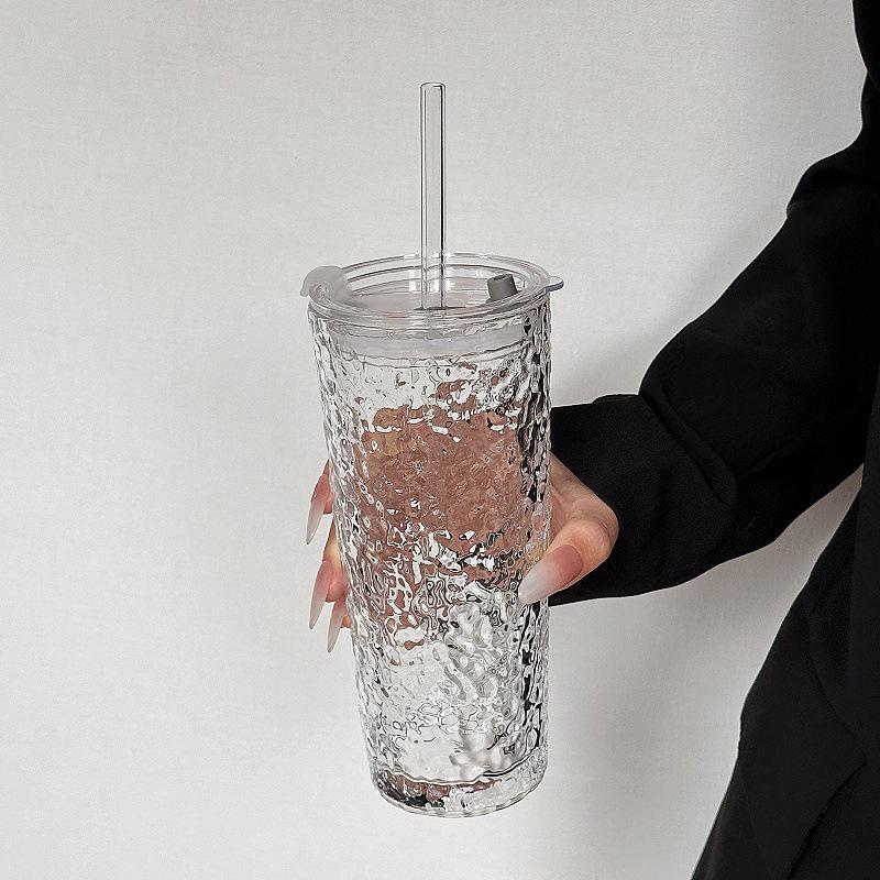 Large Capacity Transparent Glass Straw Cup with Lid for Office Drinks: Milk Tea, Coffee, Americano, Latte, Juice