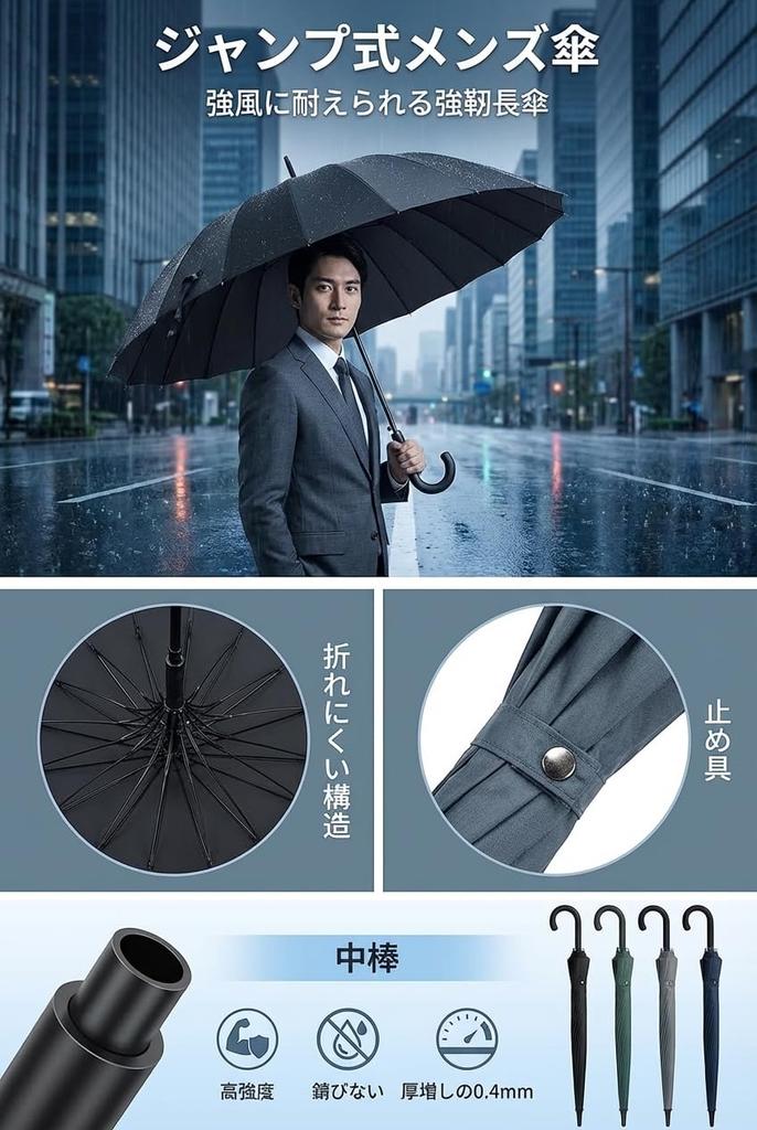 Long 16 Teflon 260T Rain with Storage Black [Qesquilo] Umbrella, Ribs, One-Touch Opening, Fiberglass, Water-Repellent, High-Density Fabric, Men's