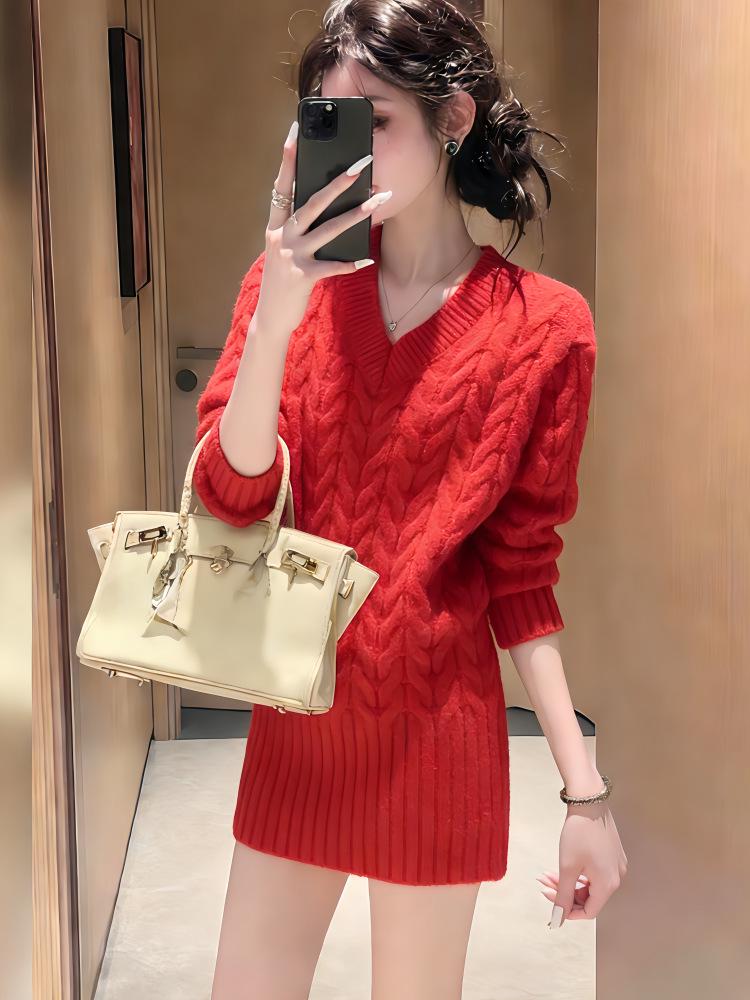 2026 Women s Red Cable Knit V-neck Sweater Robe and Short Skirt Set S