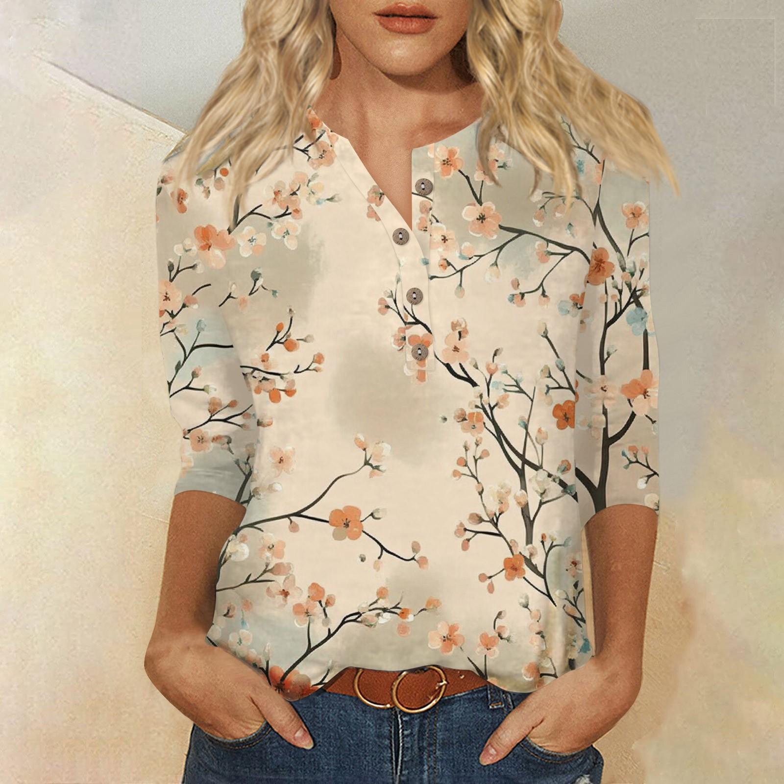 Women s Loose Casual Seven Quarter Sleeve Floral Print Round Neck Button Up Top Top L