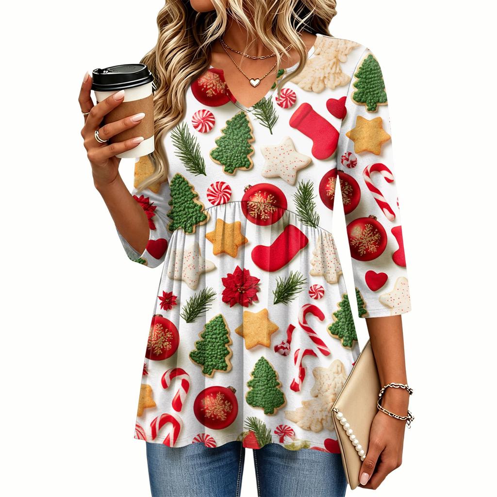 Women's Christmas Print V-Neck Three-Quarter Sleeve Casual Shirt for Holiday