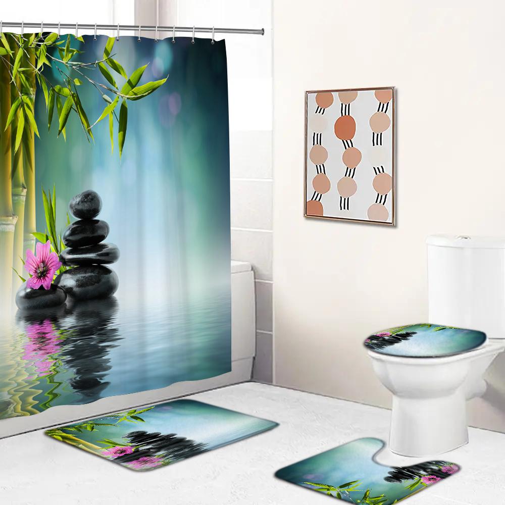 Grüne Pflanzen Bambus Blumen Zen Stein Badezimmervorhang Polyesterstoff Duschvorhänge und Teppiche Toilettendeckel Badematten Set Dekor