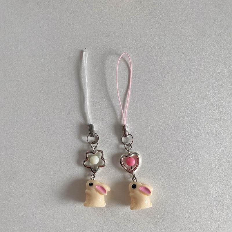 Rabbit Ribbon Phone Charm Keychain Elegant Bowknot Flower Pendant Keyring Romantics Keyring Gift for Women Girl Teen