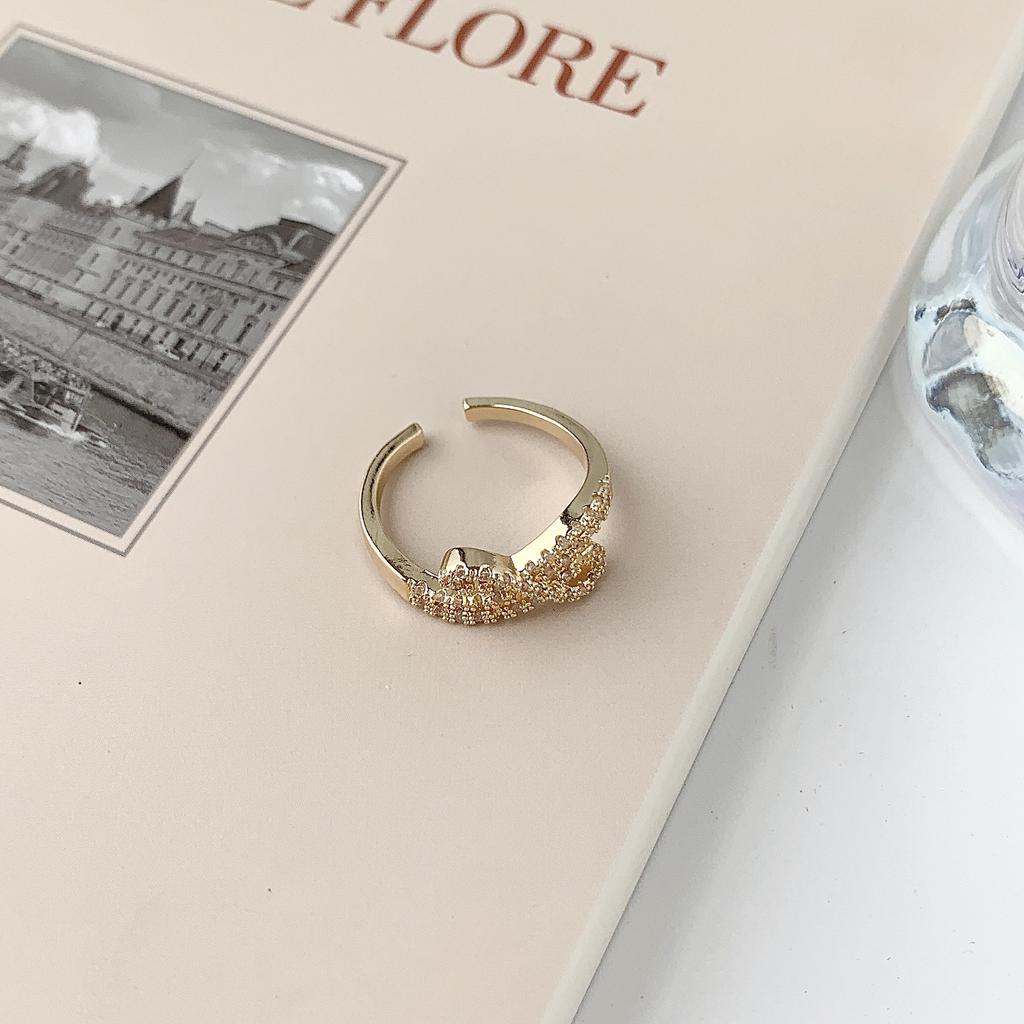 Light Luxury Diamond-Set Letter Love Fan-Shaped Geometric Ring Women'S Exquisite Versatile Temperament Girl Ring Ring