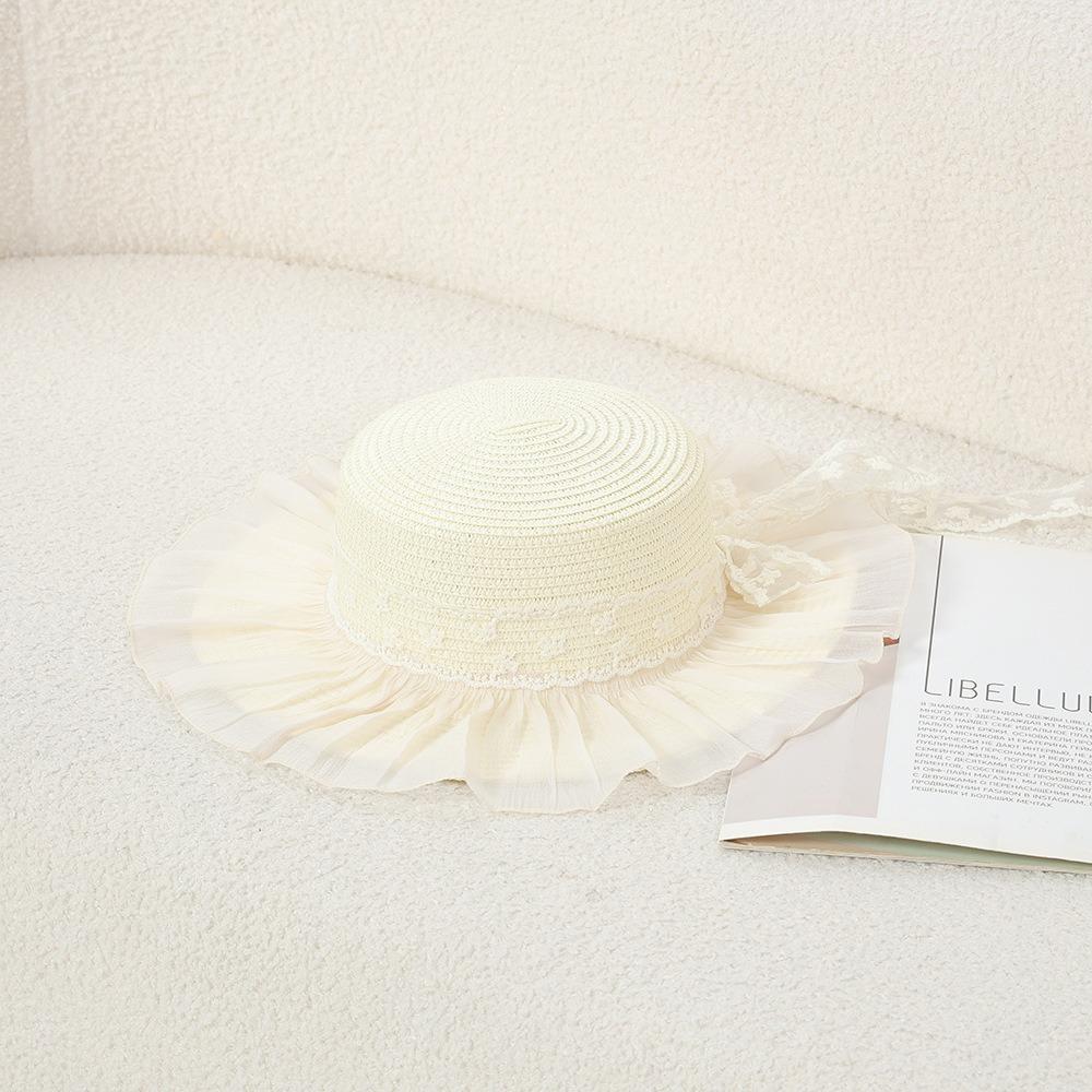 Lace Flower Straw Hat Breathable Material Extended Brim Beach Straw Hat Elegant Style Solid Fringe Lace Straw Hat Beach Side белый