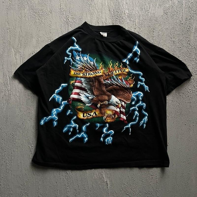 Vintage American Thunder Shirt XXL Black 1990s Eagle Lightning USA Unisex T-Shirt L