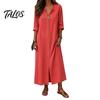 Soft Fabric Dress Women's Summer Button Down Long Dress, Casual Loose V Versatile Women Neck Tunic Roll Up Sleeve Vacation Lounge Outfits Lightweight