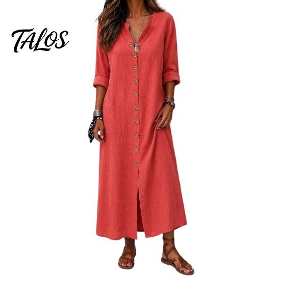Soft Fabric Dress Women's Summer Button Down Long Dress, Casual Loose V Versatile Women Neck Tunic Roll Up Sleeve Vacation Lounge Outfits Lightweight
