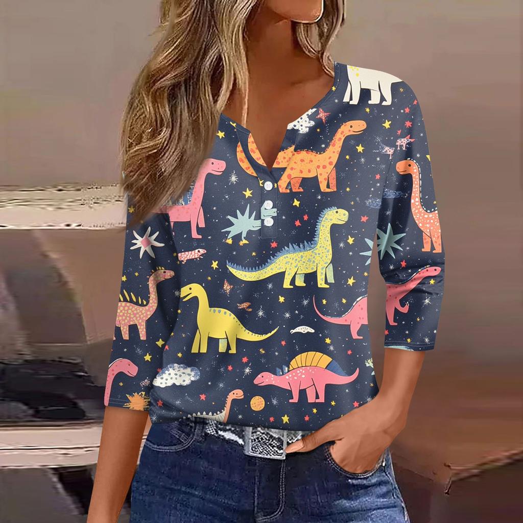 Women's Fashion Button V-Neck Seven Sleeve Cute Animal Print Casual Top