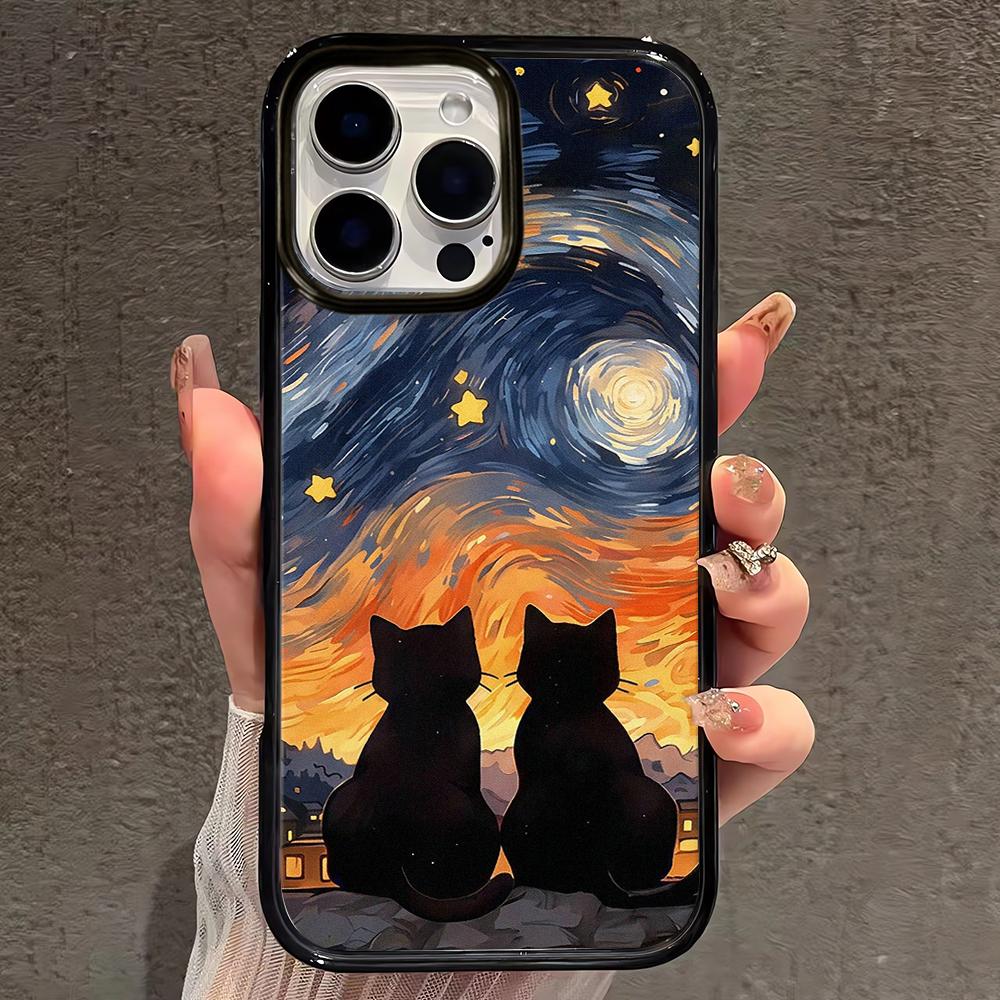 Oil Painting Black Cat  Hard Case For Iphone 17 16 15 14 13 12 11 Pro Max Air Protective Shockproof Coque Phone Cover