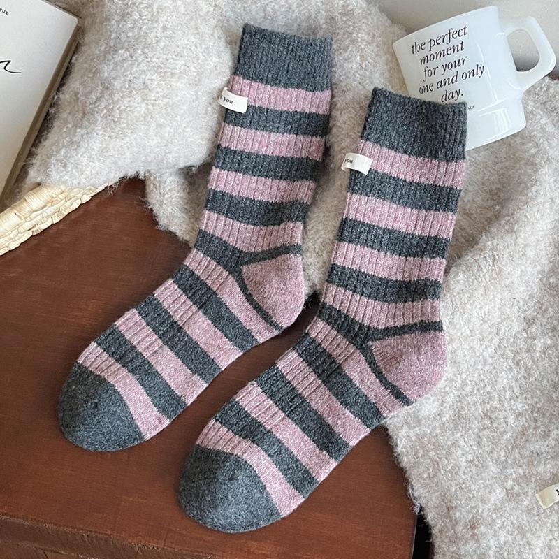 Female Autumn and Winter Thick Warm Trend Sweet Contrast Color Cloth Standard Wide Stripe Wool Tube Socks