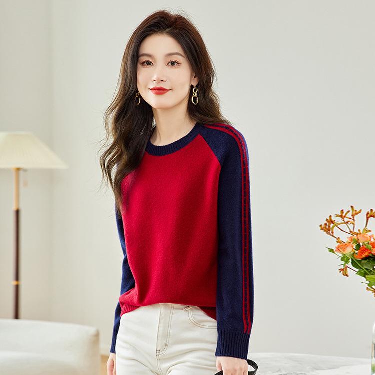 Women's High-End Wool Knit Color Block Sweater - Stylish, Slimming, Versatile Autumn/Winter Warm Base Layer Top
