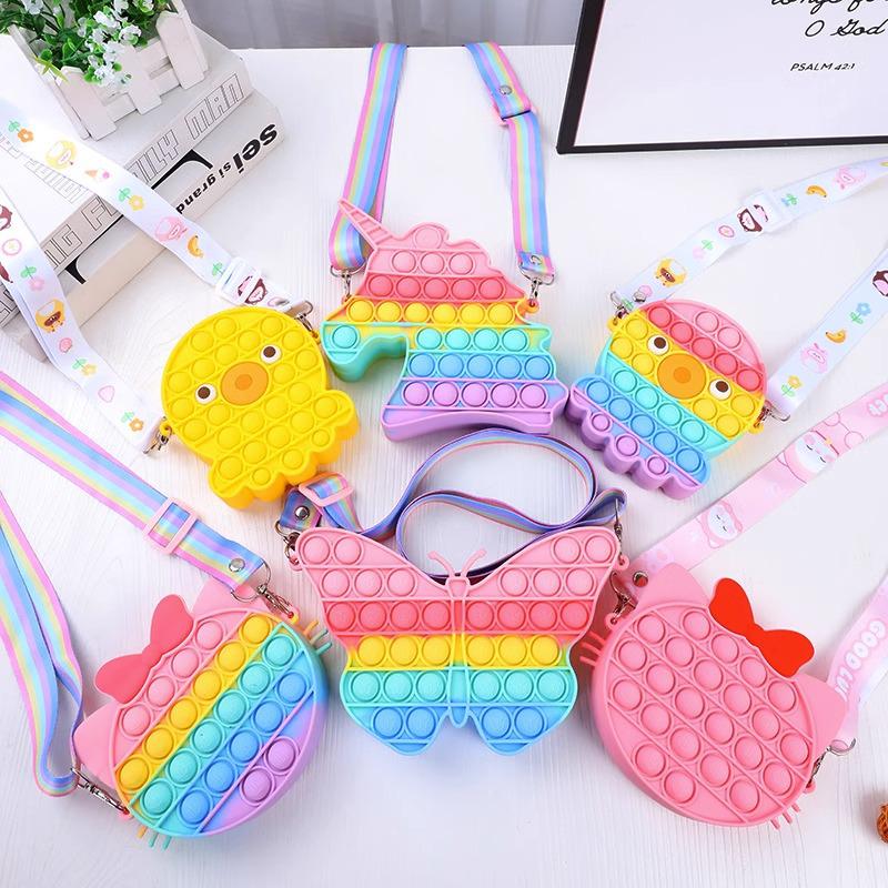 Rainbow Pop-It Kids Day Backpack with Educational Bubbles - Portable Decompression Toy for Girls